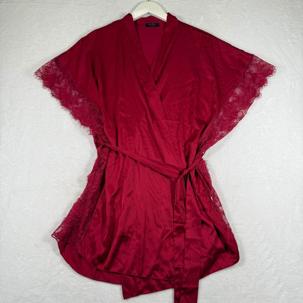 Avidlove‎ Womens Red Satin Lace Trim Short Kimono Robe Size Large 7922